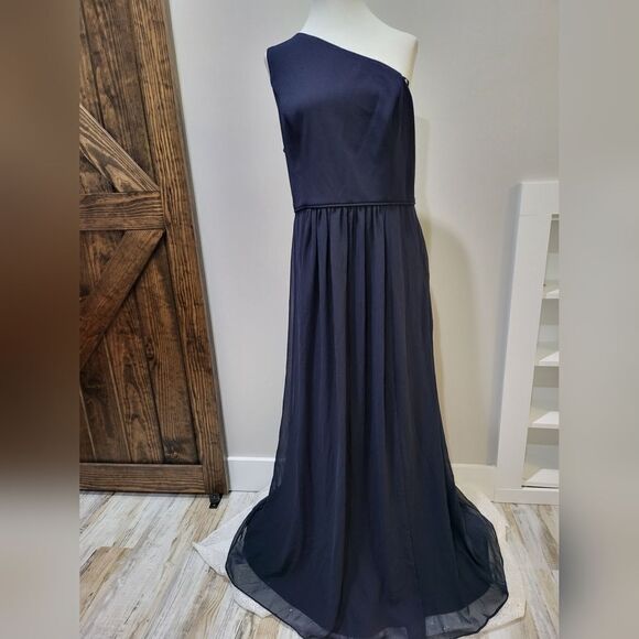 Adrianna Papell ONE-SHOULDER CHIFFON LONG GOWN IN MIDNIGHT Blue NWT size 14 - Picture 3 of 5